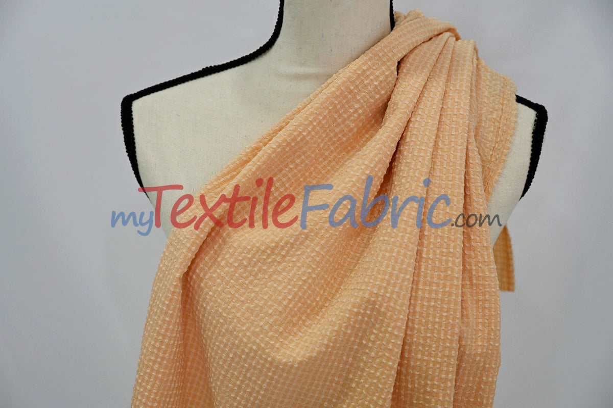 Gingham Seersucker 100 Percent Polyester Fabric - Yellow, Apricot, Pink Gingham Pattern, 57/59" Width (1 Yard)
