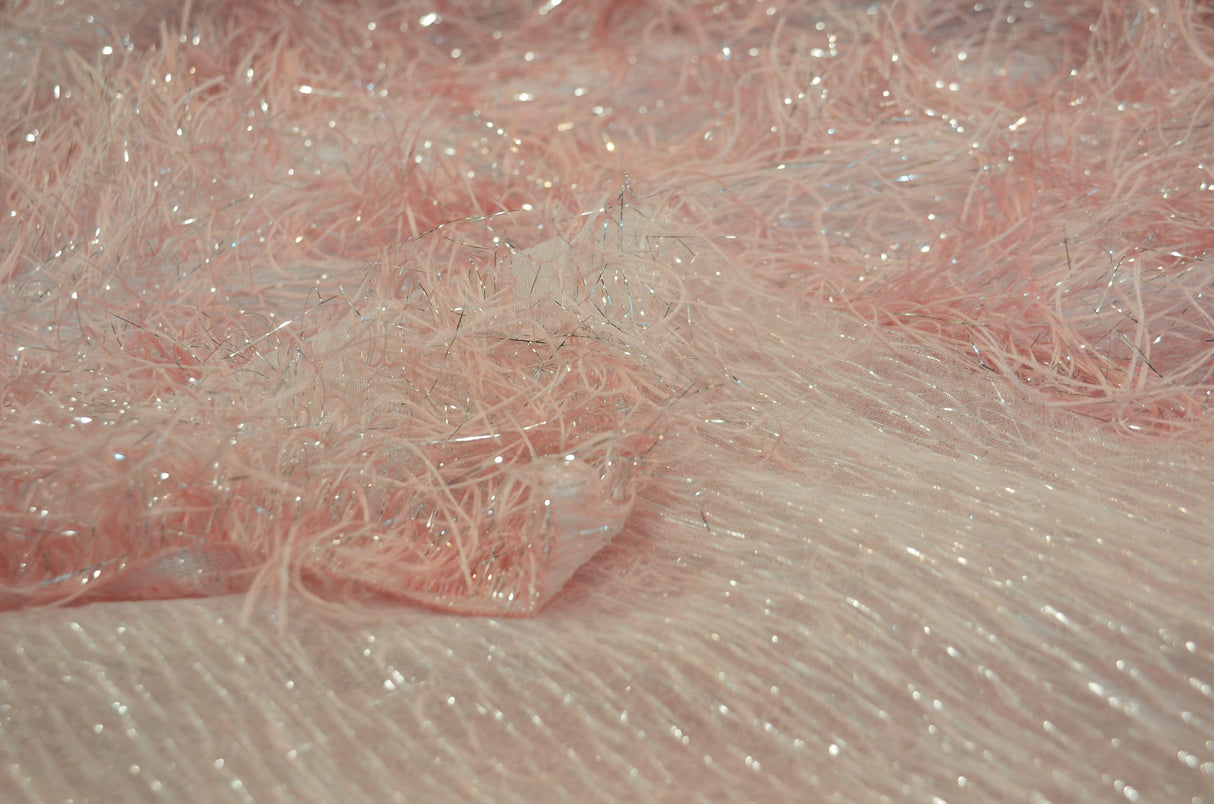 Blush Pink Shaggy Brocade Polyester Fabric - Metallic Eyelash, 56/57" Width (Yards)