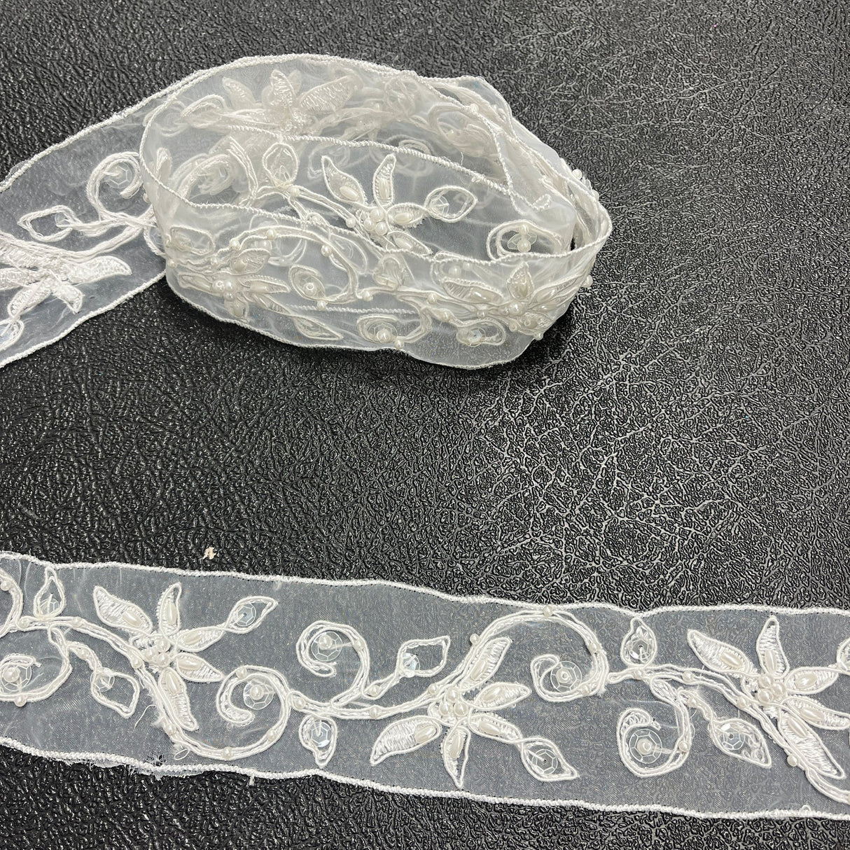 1 Yard White Beaded & Corded Lace Trimming on Net Mesh | 2" Wide | Elegant Embroidered Trim for Bridal, Evening & Formal Wear