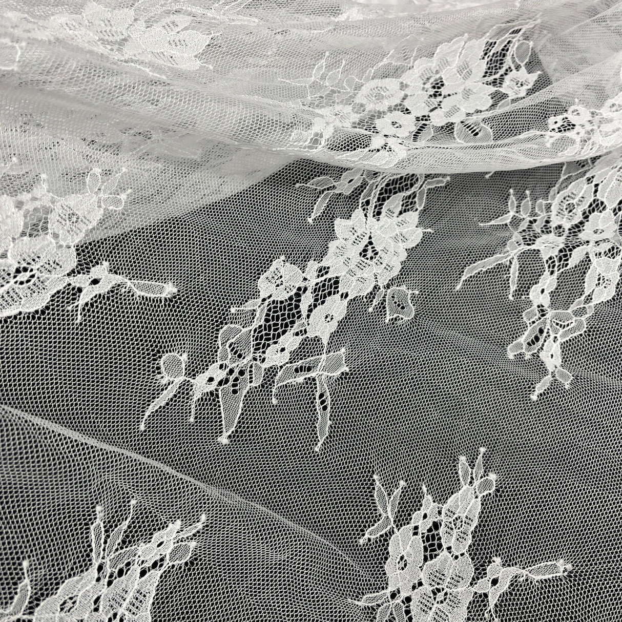 Embroidered Chantilly Lace Fabric with Eyelash Scallop