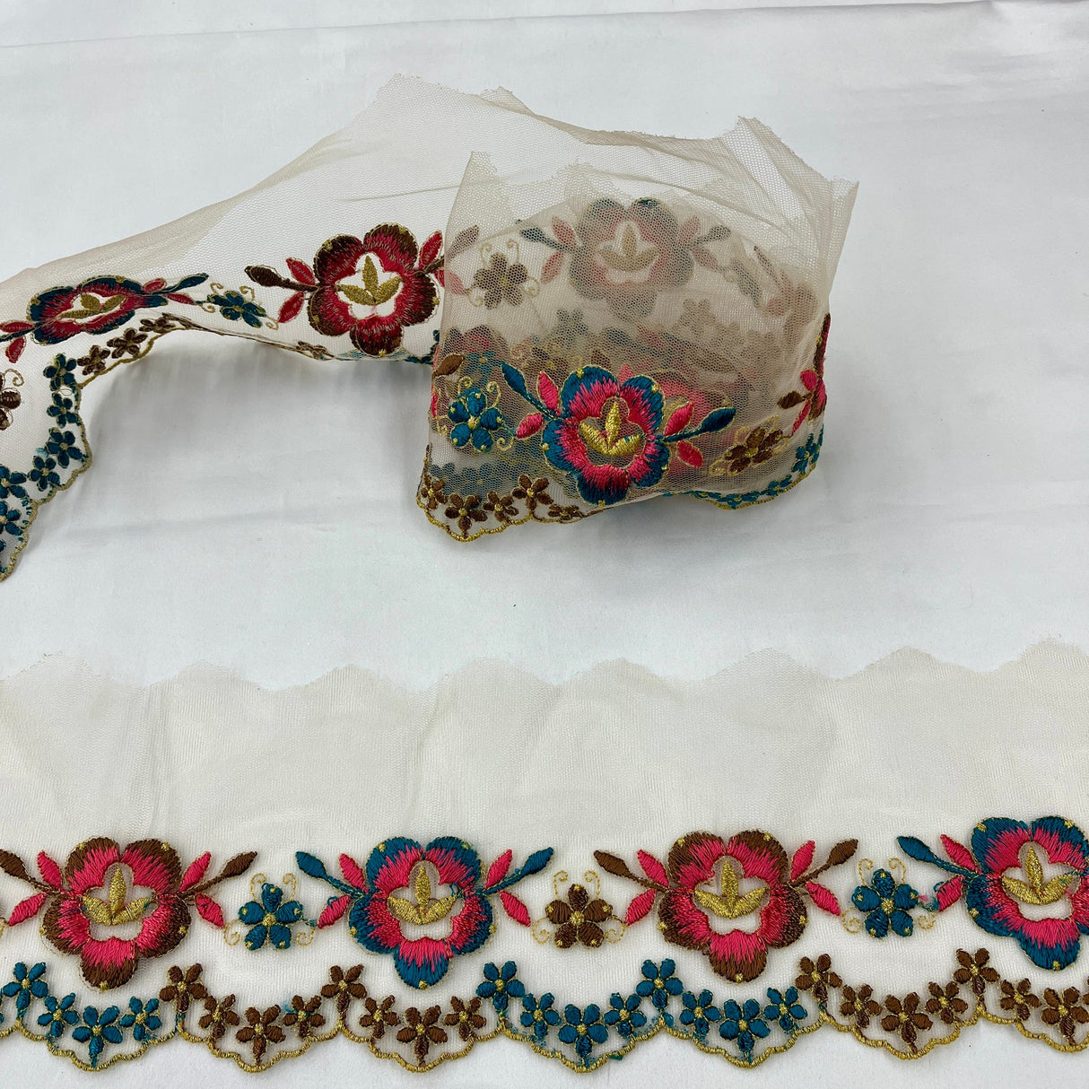 1 Yard Colorful Floral Lace Trimming on Net Mesh – 2.5" Wide | Handmade Embroidered Trim for Dresses & Costumes