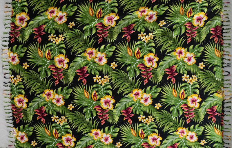 Hibiscus Plumeria Tropical Leaves Rayon Fabric - Tropical Floral Print, 72" L x 45" W (1 Piece)