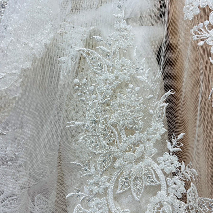 1 Yard Beaded and Corded Bridal Lace Fabric Embroidered on Polyester Net Mesh White and Ivory