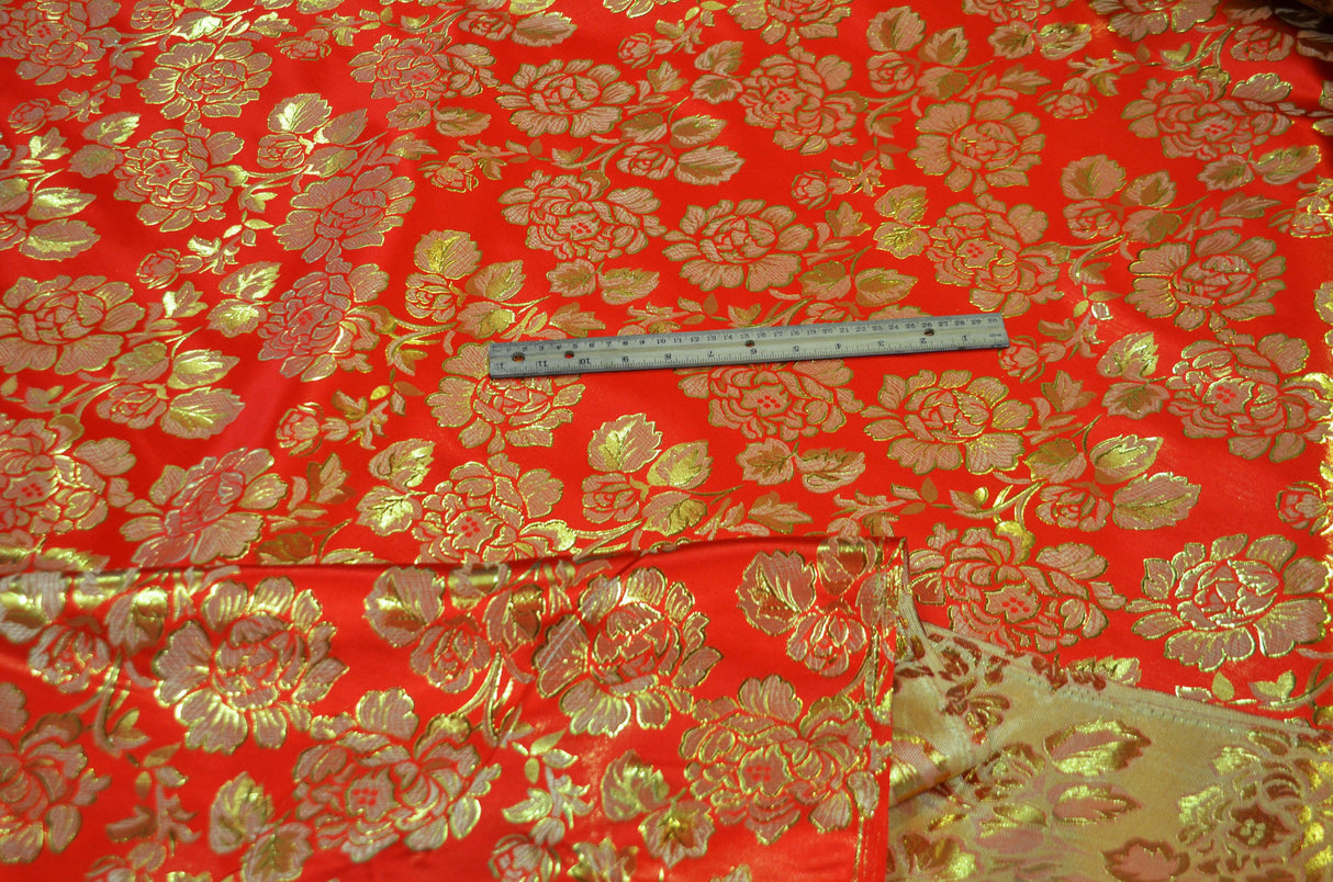 Oriental Metallic Big Flower Brocade Metallic Brocade Fabric - Fuchsia, Red, Flag Green, Royal, Purple, Floral Pattern, 58" Width (1 Yard)