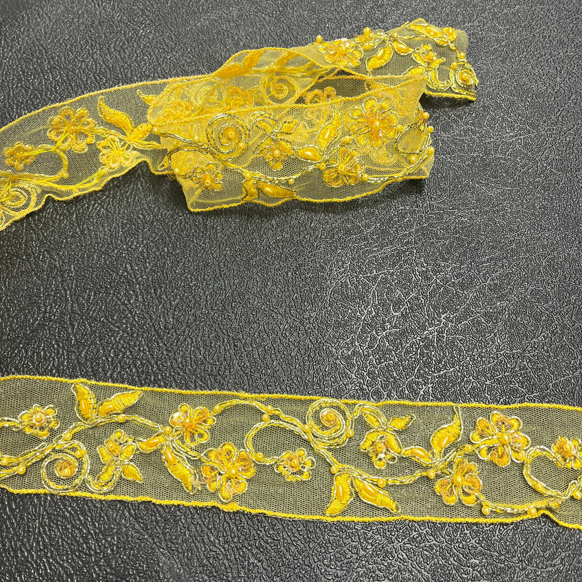 1 Yard Beaded & Corded Lace Trimming on 100% Polyester Net Mesh, Elegant Embroidered Design