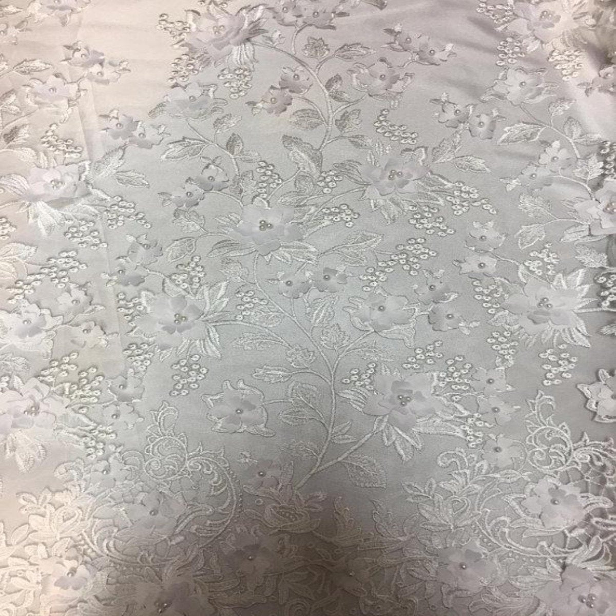 3D Embroidered Satin Floral Pearl Lace Fabric - 100 Percent Polyester Fabric, Floral Pearl Embroidery, 52" Width, 12" Panel (1 Yard)