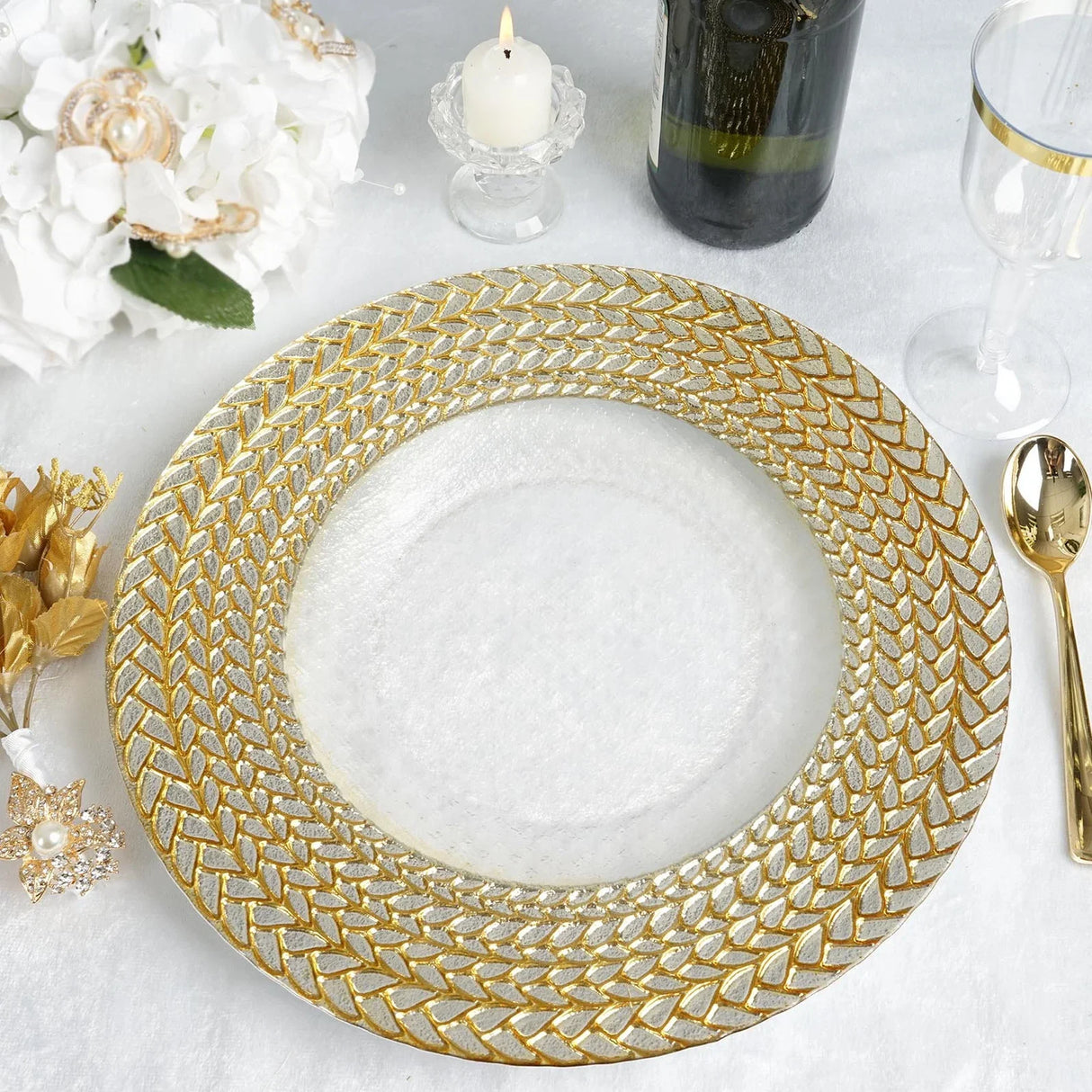 Glass Charger Plate 13 Inch Clear Gold Braided Rim
