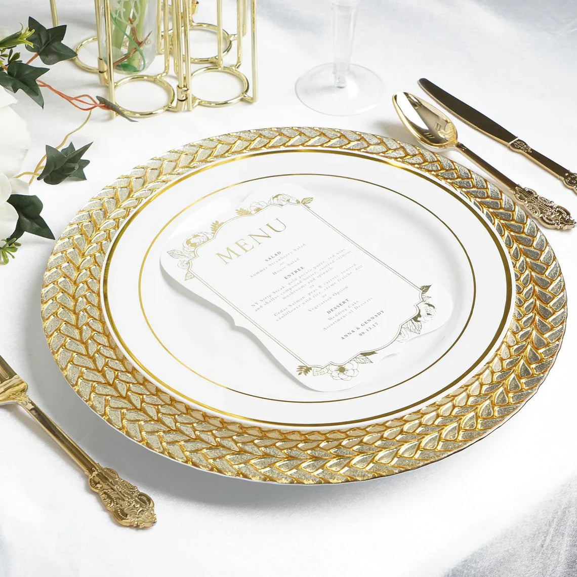 Glass Charger Plate 13 Inch Clear Gold Braided Rim