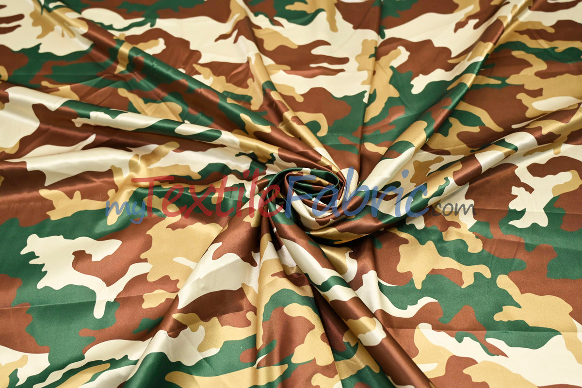 Army Camouflage Satin Print Polyester Fabric - Hunter Green Camouflage, 58/60" Width (1 Yard)