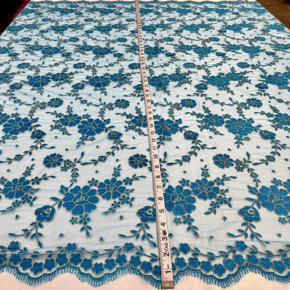 Embroidered Lace Fabric - 100 Percent Polyester Net Mesh, Floral Beaded Design, 52" Width (1 Yard)
