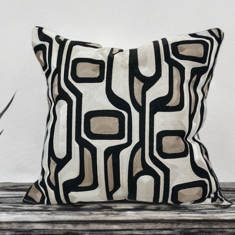 Makymo Black Velvet Pillow Fabric - Geometric Abstract Embroidery, Ivory, Bronze & Black, 20" X 20" (1 Piece)