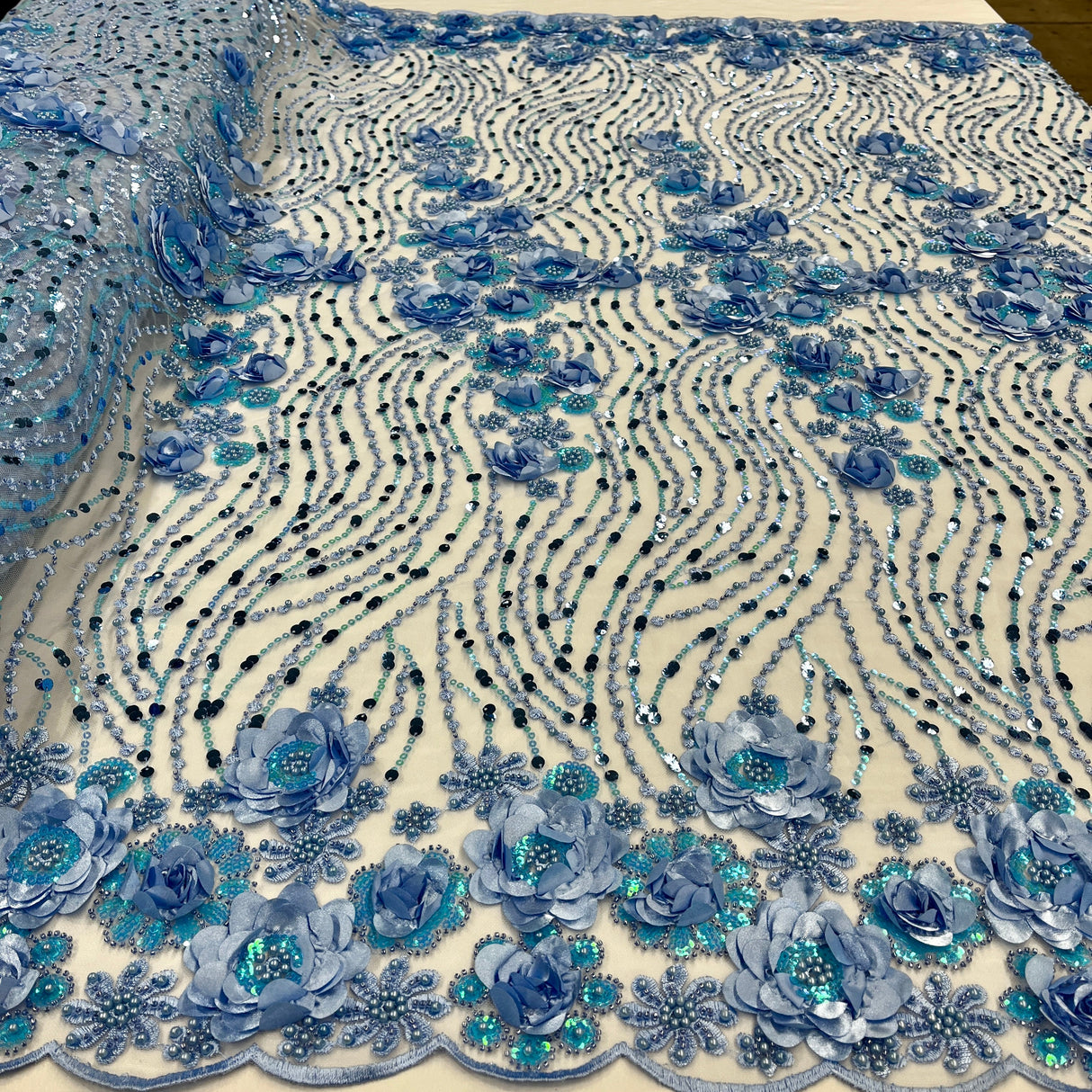 Beaded 3D Floral Lace Fabric
