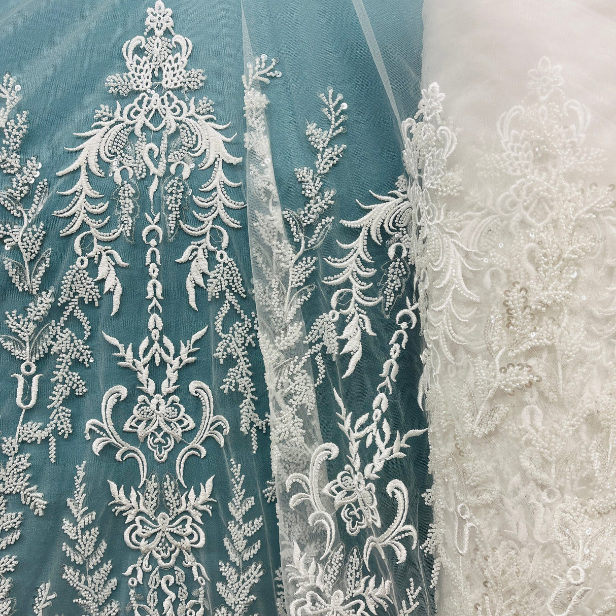 1 Yard Luxury Beaded Lace Fabric Embroidered on Polyester Net Mesh Elegant Bridal & Couture Design 51" Wide