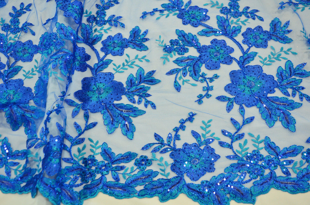Edith Embroidery Fabric - Two Tone Floral Embroidery, Sheer Tulle, 52" Width, Multiple Colors (1 Yard)