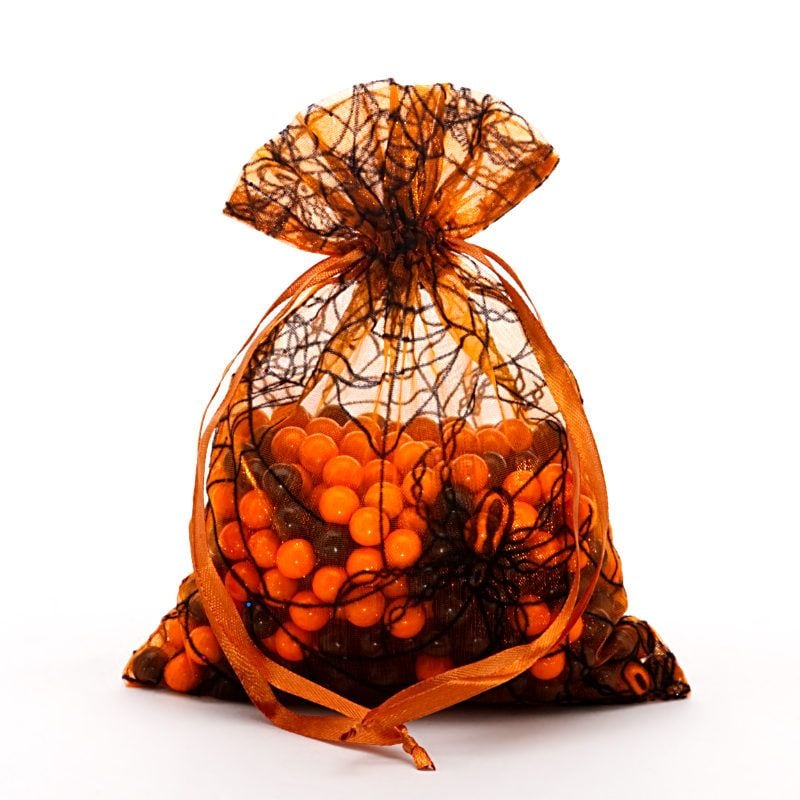 Spider Web Fabric Bags 6'':8 '' x Orange / Black Sheer - 12 EACH / PACKAGE