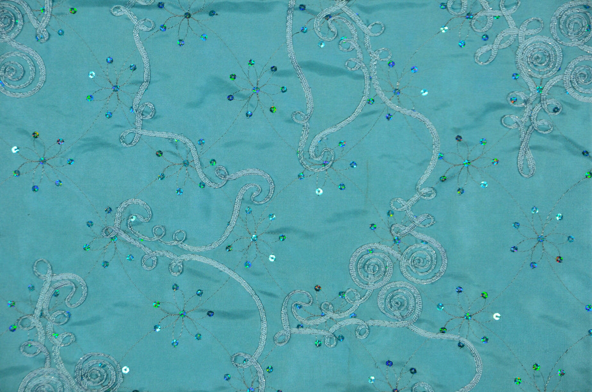 Sequins Ribbon Taffeta Polyester Fabric - Flower Swirl Embroidery With Sequins, 54" Width, Multiple Colors (1 Yard)