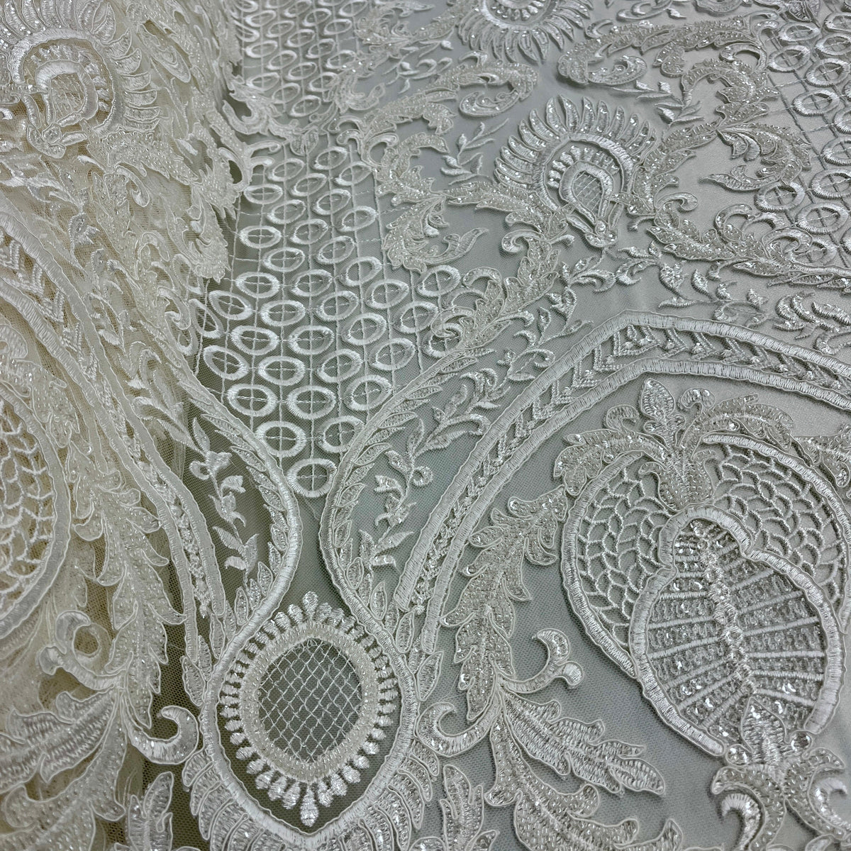 1 Yard 54" Wide Beaded & Corded Bridal Lace Fabric Embroidered on 100% Polyester Net Mesh