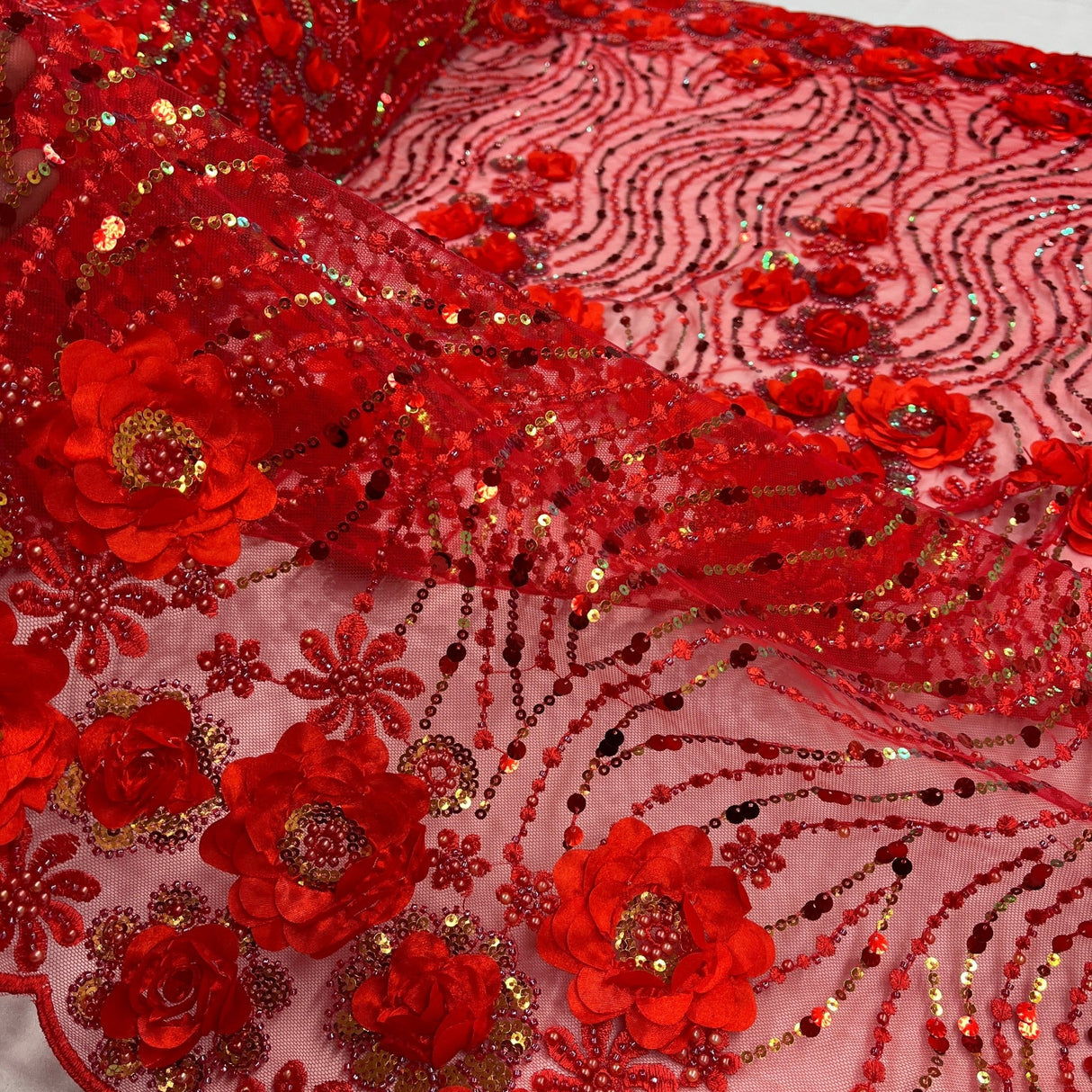 Beaded 3D Floral Lace Fabric