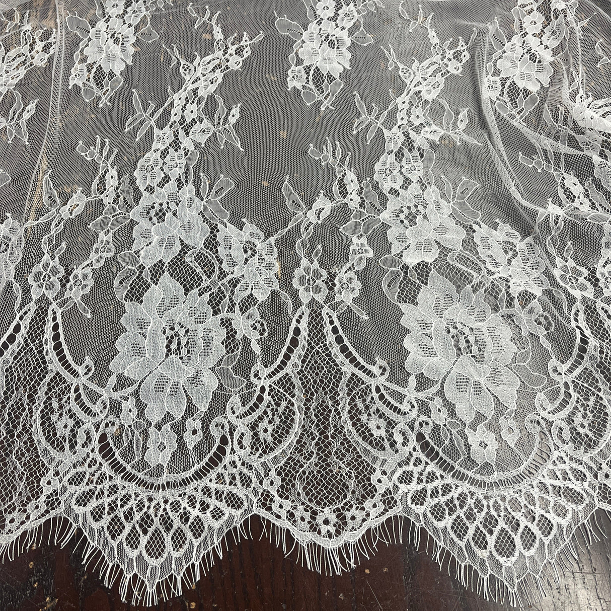 Embroidered Chantilly Lace Fabric with Eyelash Scallop