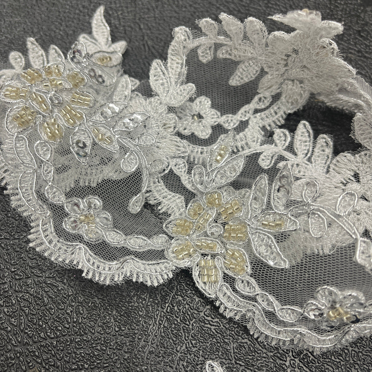 Beaded & Corded Lace Trimming Embroidered On 100% Polyester Net Mesh - Beaded Corded Embroidered Lace Fabric, 3" Wide, Gold, Ivory, Silver, White (1 Yard)