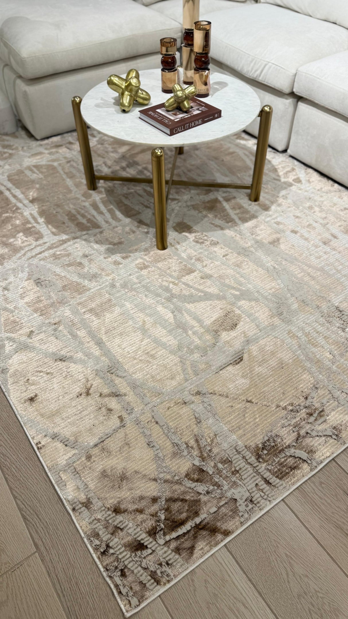 KAI 209 Polyester Fabric - Cream Rug With Subtle Bronze Abstract Design, Machine Made, Cotton Backing (3 Sizes)
