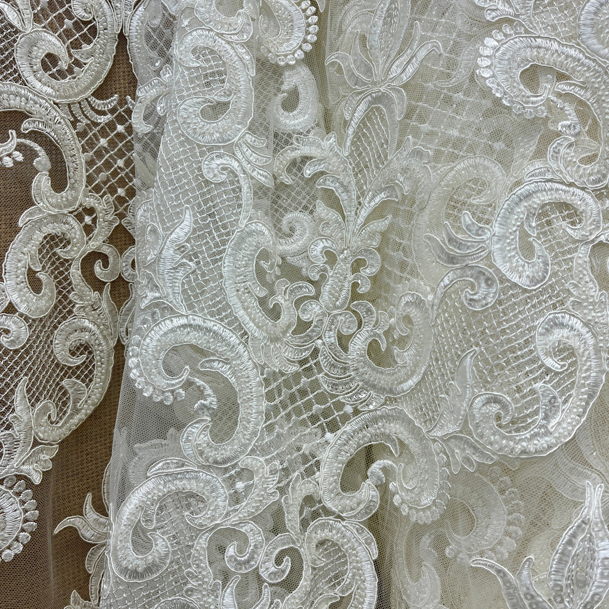 Beaded Corded Bridal Lace Fabric - Dark Ivory, Embroidered On 100 Percent Polyester Net Mesh, 53" Wide (1 Yard)