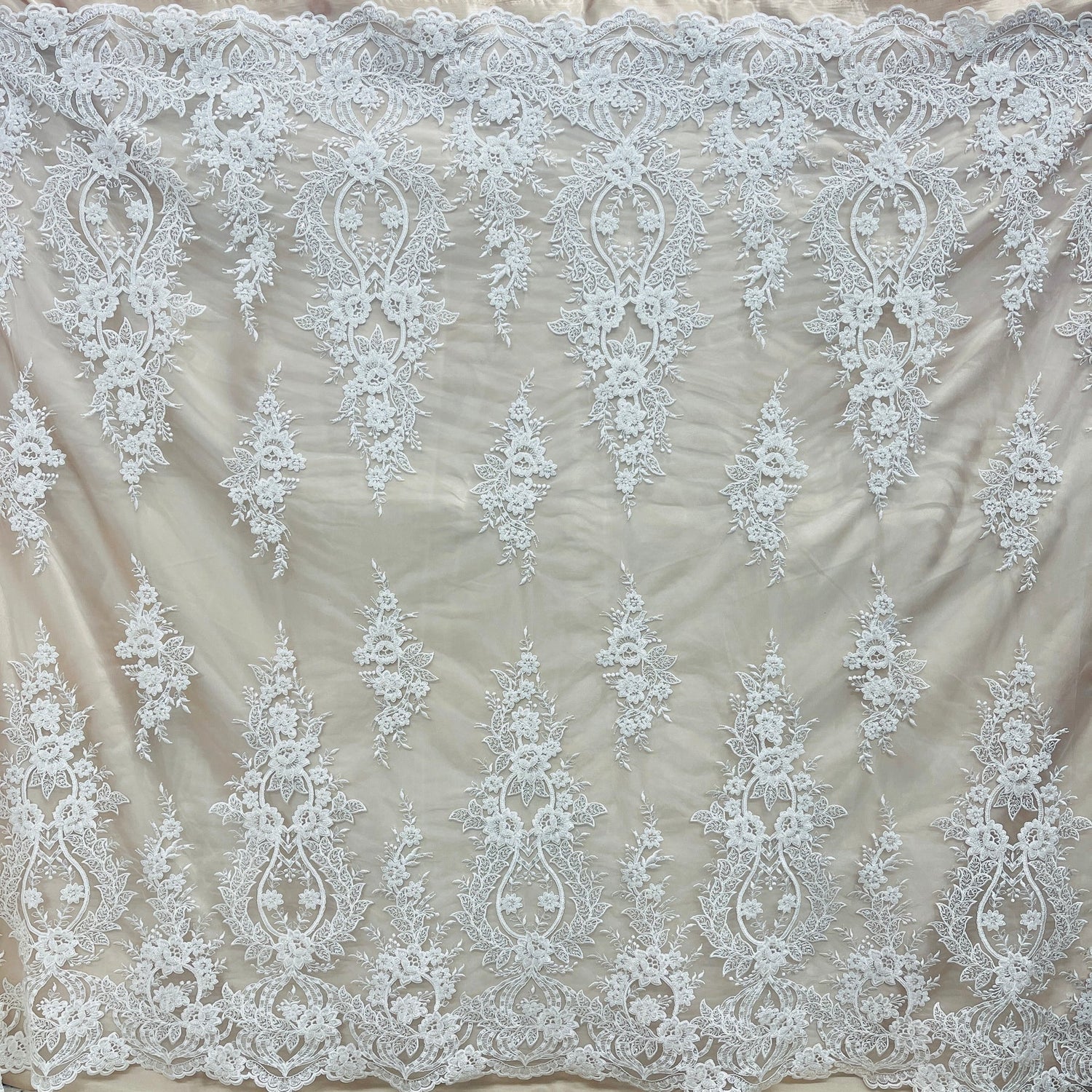 1 Yard Beaded Corded Bridal Lace Fabric Embroidered on Polyester Net Mesh Width 54 Inches