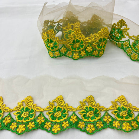 1 Yard Colorful Floral Lace Trimming on Net Mesh | 2.75" Wide | Handmade Embroidered Trim for Dresses & Costumes