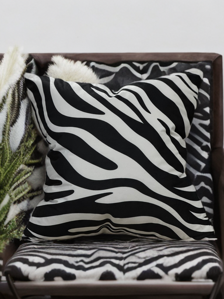 Viva020 Velvet Fabric - White Abstract Black Zebra Design, 20" X 20" (1 Piece)