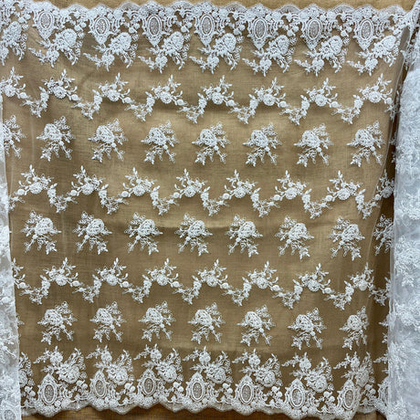 1 Yard Beaded & Corded Bridal Lace Fabric Embroidered on 100% Polyester Net Mesh