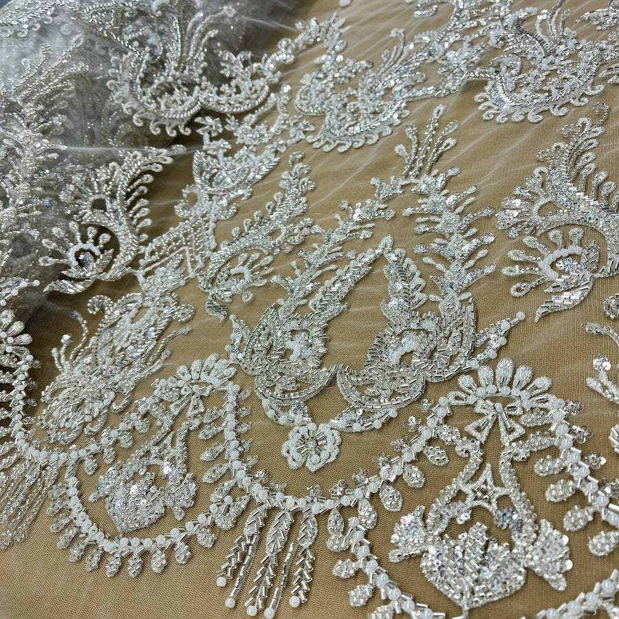 1 Yard Elegant Beaded Lace Fabric Embroidered on Polyester Net Mesh