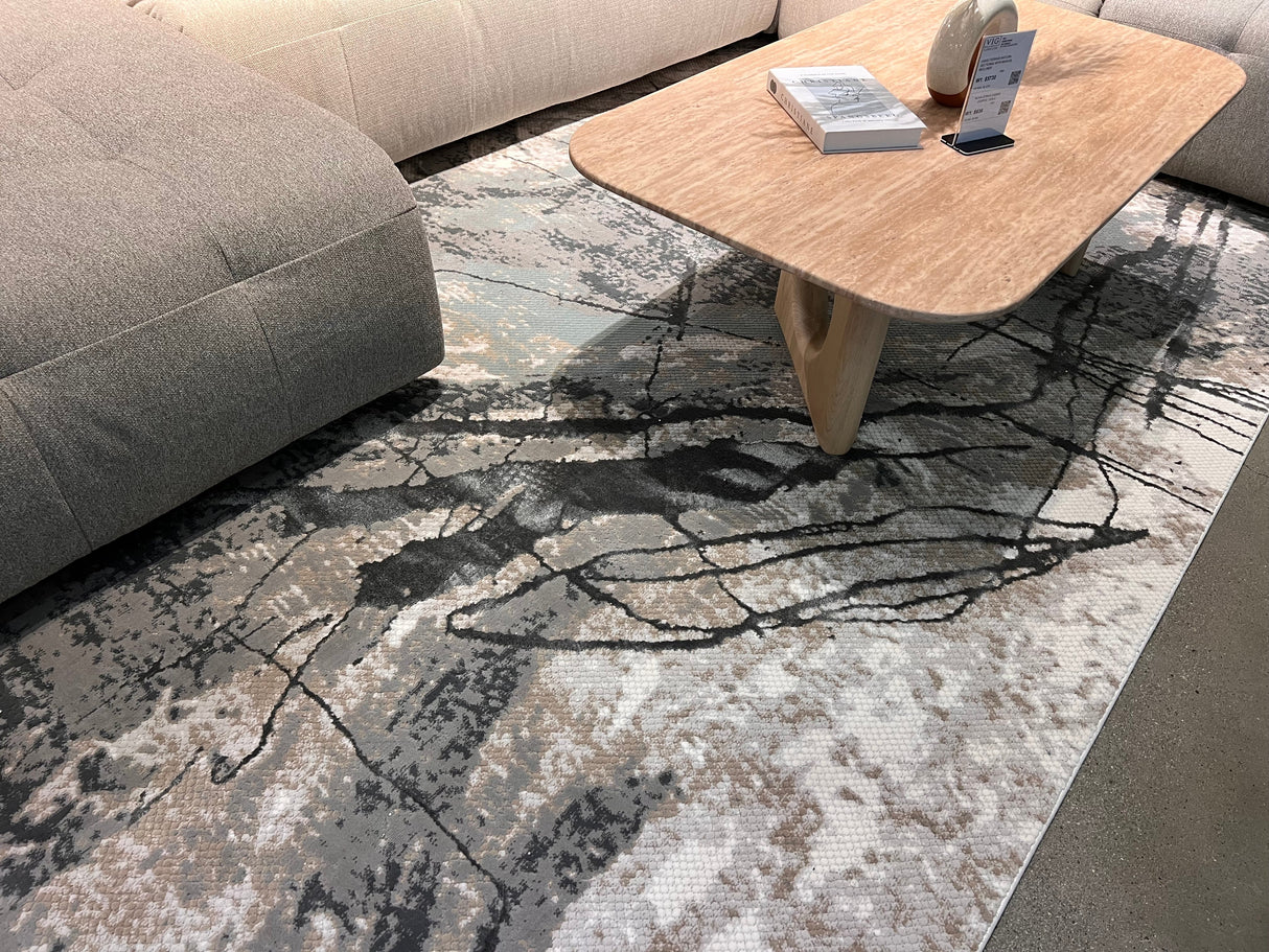 METZ 4202 Polyester Viscose Area Rug - Abstract Marbled High-Low, Crème Beige, Charcoal Tone-On-Tone, Faded Teal & Mocha Accents (9' 8" X 13')