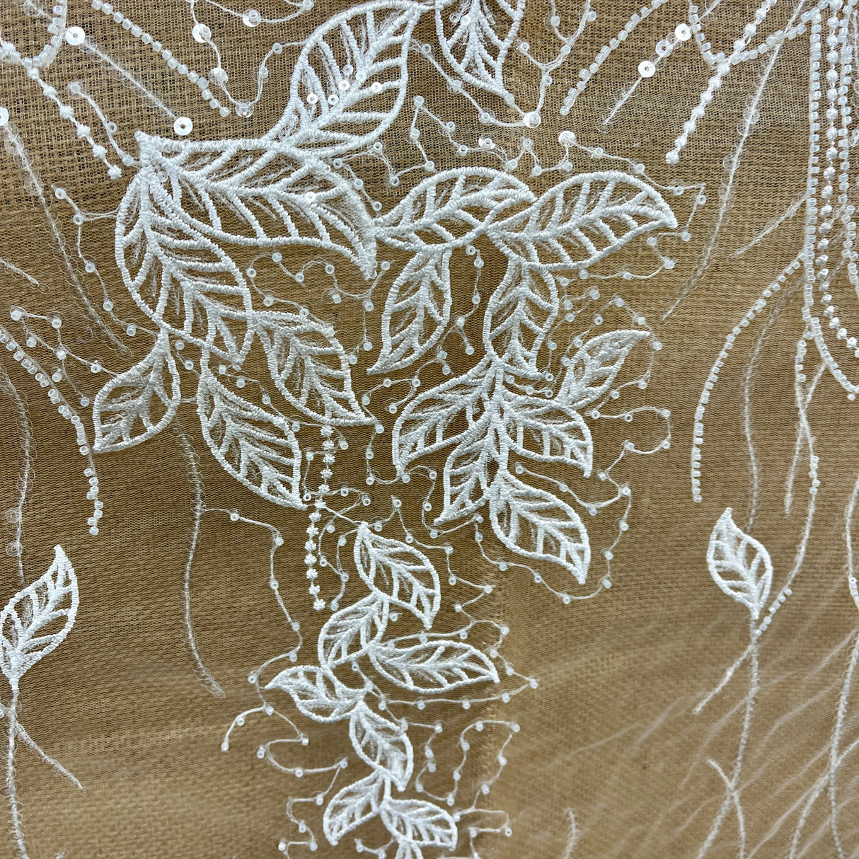 Beaded Sequined Lace Fabric Leaf Vine Design