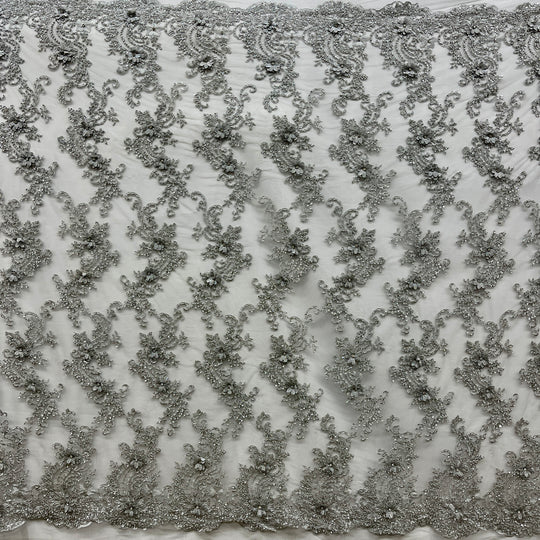 1 Yard Beaded 3D Floral Lace Fabric Embroidered on Polyester Net Mesh 52 inch Width