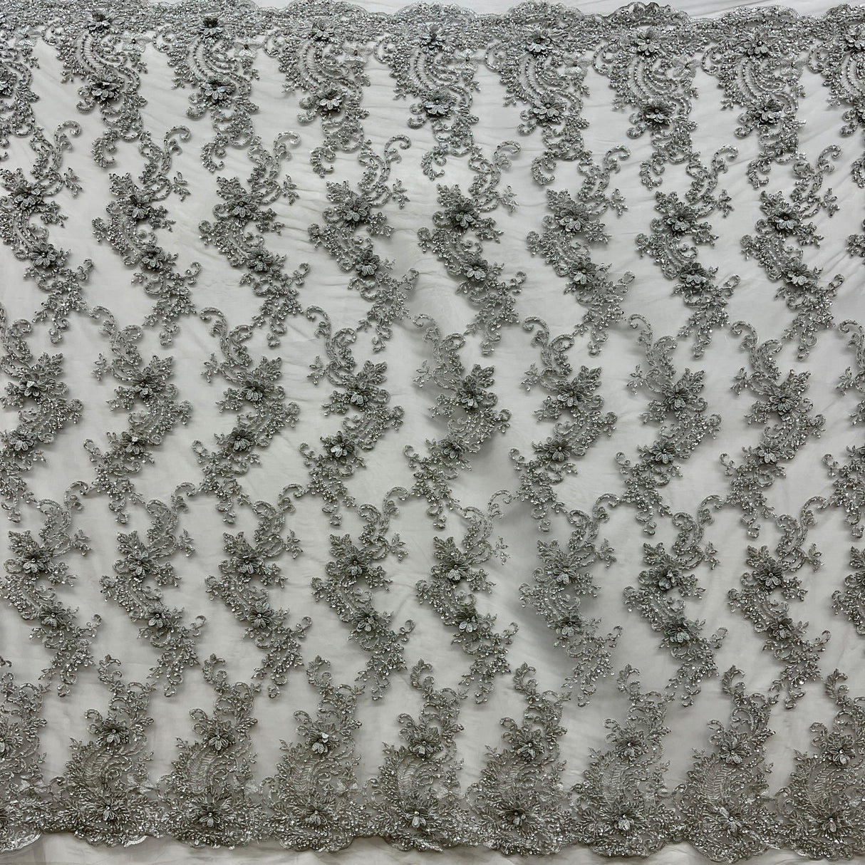 Beaded 3D Floral Lace Fabric - Embroidered 100 Percent Polyester Net Mesh, 3D Floral Beaded Design, 52" Wide (1 Yard)