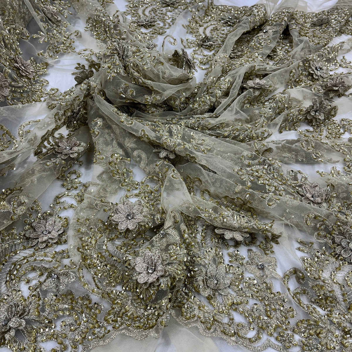 1 Yard Beaded 3D Floral Lace Fabric Embroidered on Polyester Net Mesh, Premium Embroidery Lace Fabric