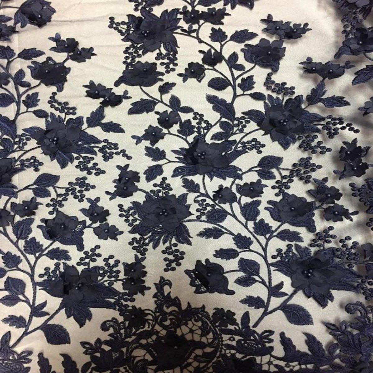 3D Embroidered Satin Floral Pearl Lace Fabric - 100 Percent Polyester Fabric, Floral Pearl Embroidery, 52" Width, 12" Panel (1 Yard)
