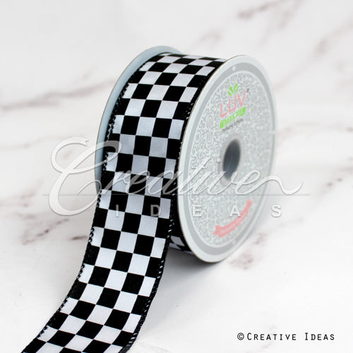 1 1/2" Black Checkered Ribbon - 10 Yards (White)
