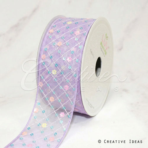 1 1/2" Criss Cross Stitch W/Floral Sequins Mesh Ribbon-10 Yd (Lavender)