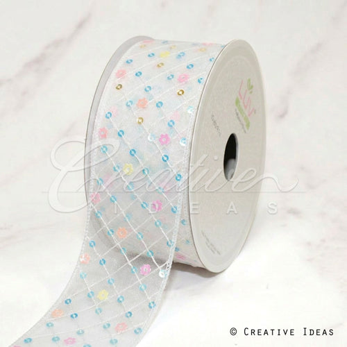 1 1/2" Criss Cross Stitch W/Floral Sequins Mesh Ribbon-10 Yd (White)