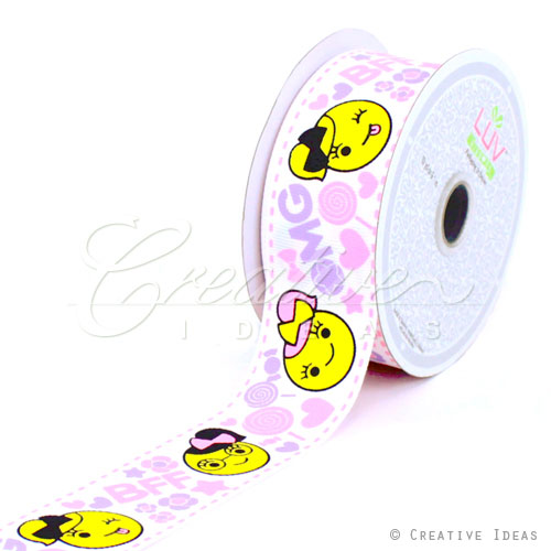 1 1/2" Grosgrain "Bff, Omg & Emoji" Ribbon-10 Yds (White)