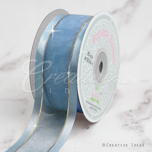 1 1/2" Organza With Satin And Gold Edge Ribbon - 25 Yards (Antique Blue)