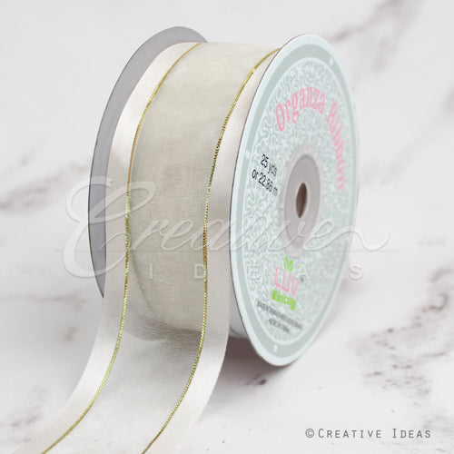 1 1/2" Organza With Satin And Gold Edge Ribbon - 25 Yards (Antique White)