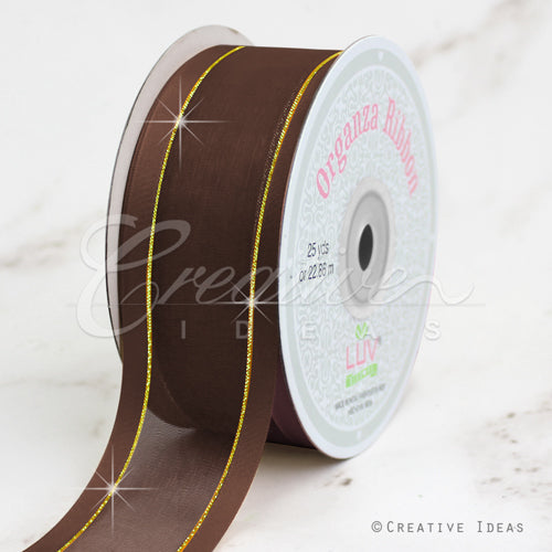 1 1/2" Organza With Satin And Gold Edge Ribbon - 25 Yards (Brown)