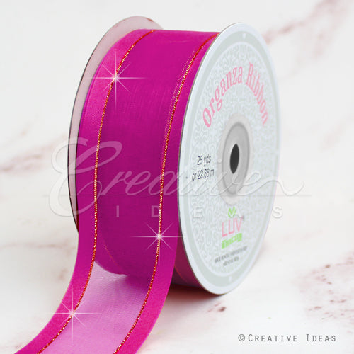 1 1/2" Organza With Satin And Gold Edge Ribbon - 25 Yards (Fuchsia)