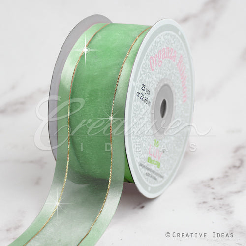 1 1/2" Organza With Satin And Gold Edge Ribbon - 25 Yards (Mint Green)