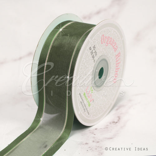 1 1/2" Organza With Satin And Gold Edge Ribbon - 25 Yards (Moss Green)