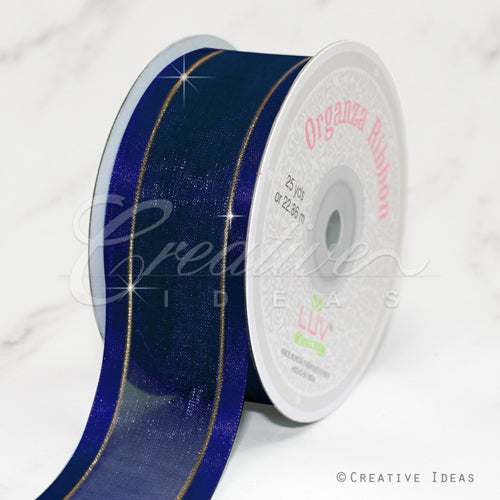 1 1/2" Organza With Satin And Gold Edge Ribbon - 25 Yards (Navy Blue)