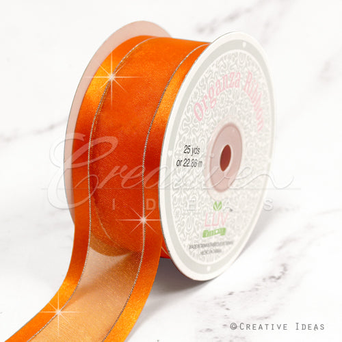 1 1/2" Organza With Satin And Gold Edge Ribbon - 25 Yards (Orange)