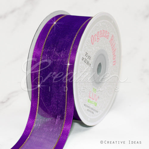 1 1/2" Organza With Satin And Gold Edge Ribbon - 25 Yards (Purple)